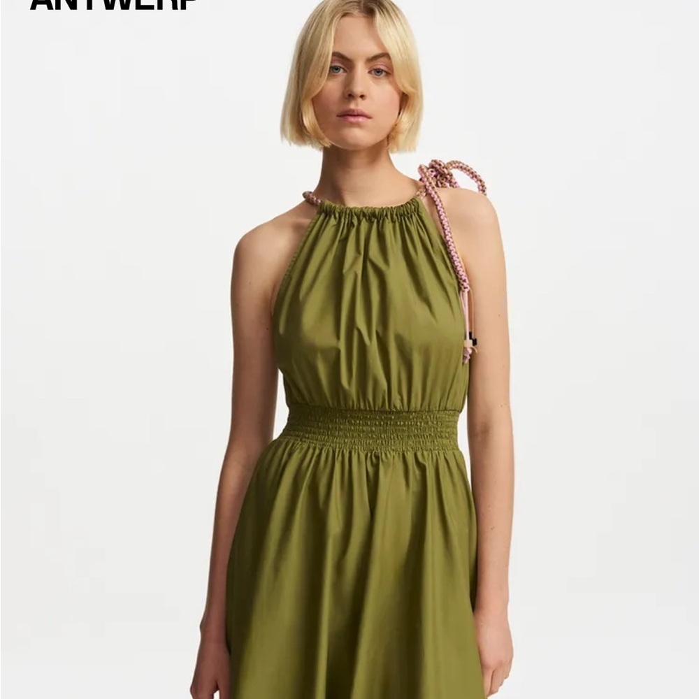 ESSENTIAL ANTWERP Khaki cotton halter neck midi dress. Size 4. - Picture 2 of 11